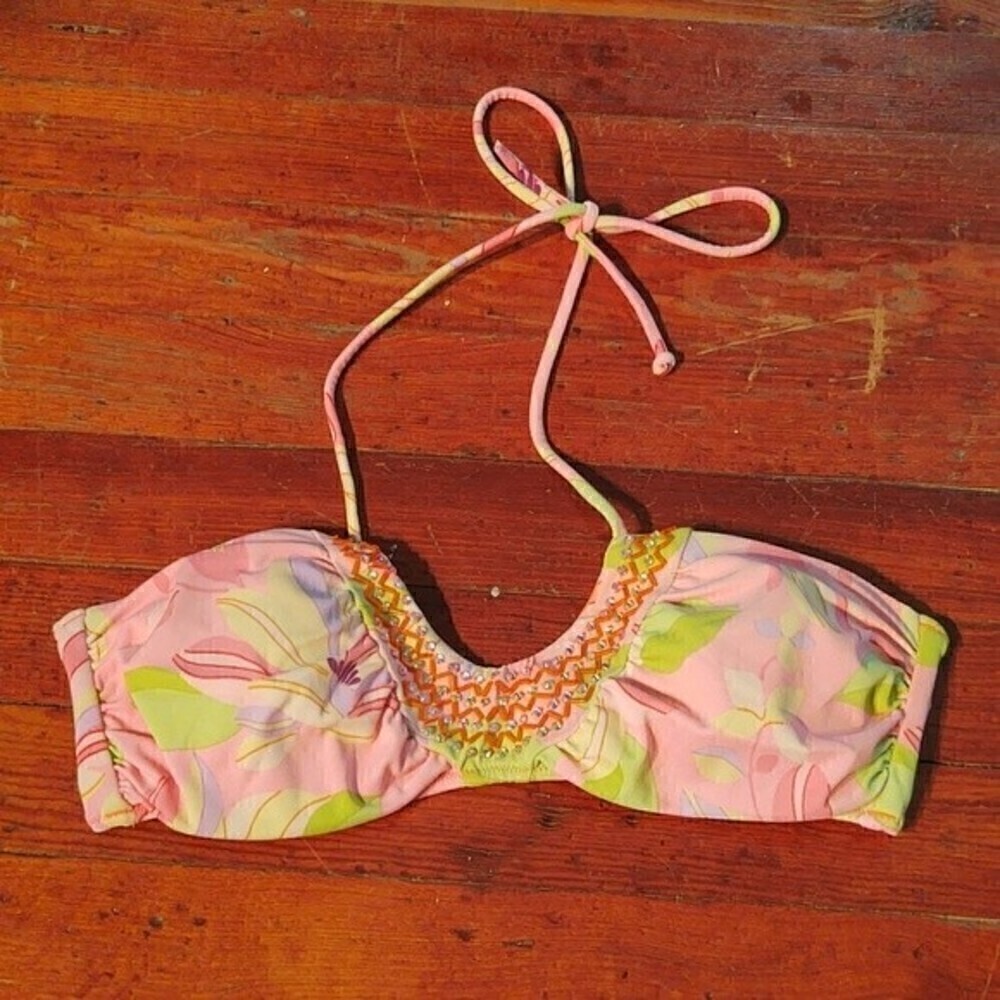 Victoria's Secret Beaded Tie Halter Neck Pink Floral Bikini Top Sz S